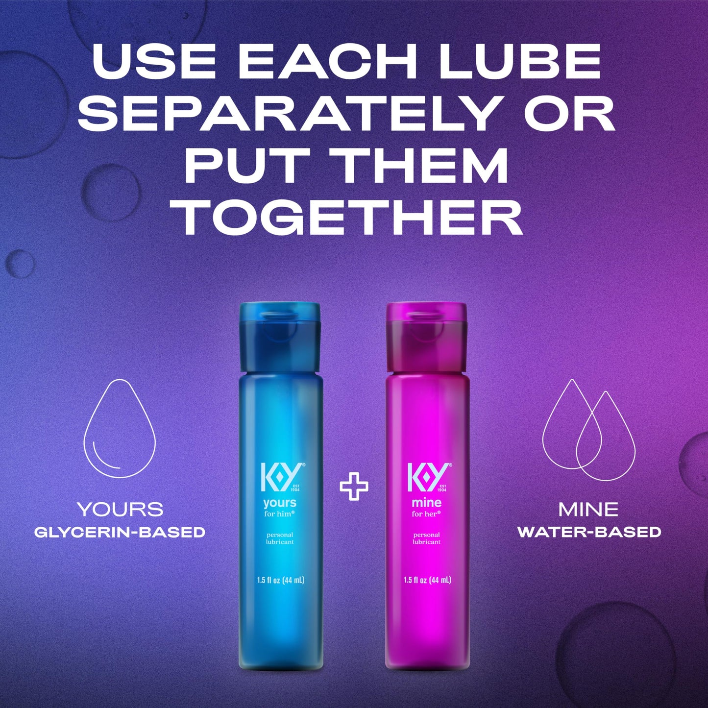 K-Y Yours + Mine Couples Personal Lube, Two Personal Lubricants, Water Based Lube for Women & Glycerin-Based Lube for Men, 2 x 1.5 FL OZ