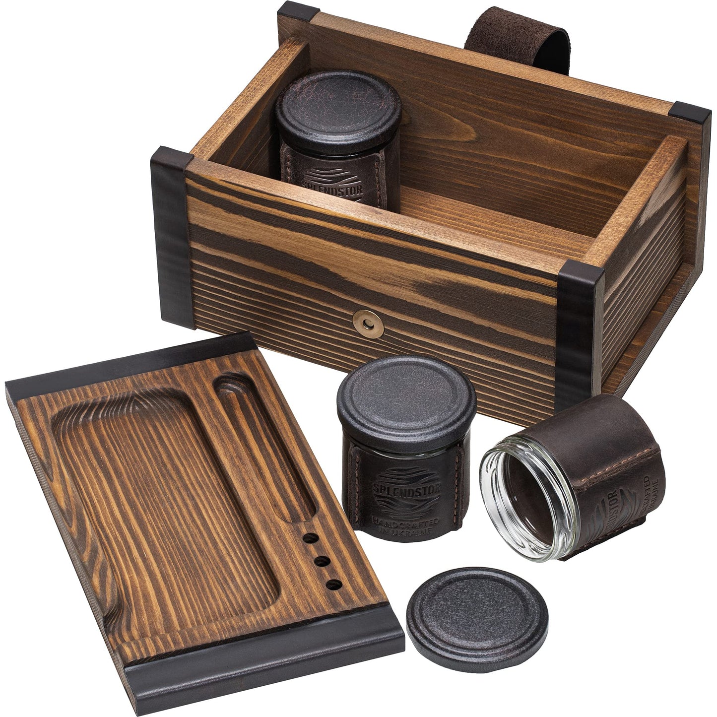 SPLENDSTOR Large Kit - Wooden Storage Box with Decorative Tray & Pack of 3 UV Blocking and Airtight Glass Jars for Herbs / Accessories - Unique Portable Men Gift Set