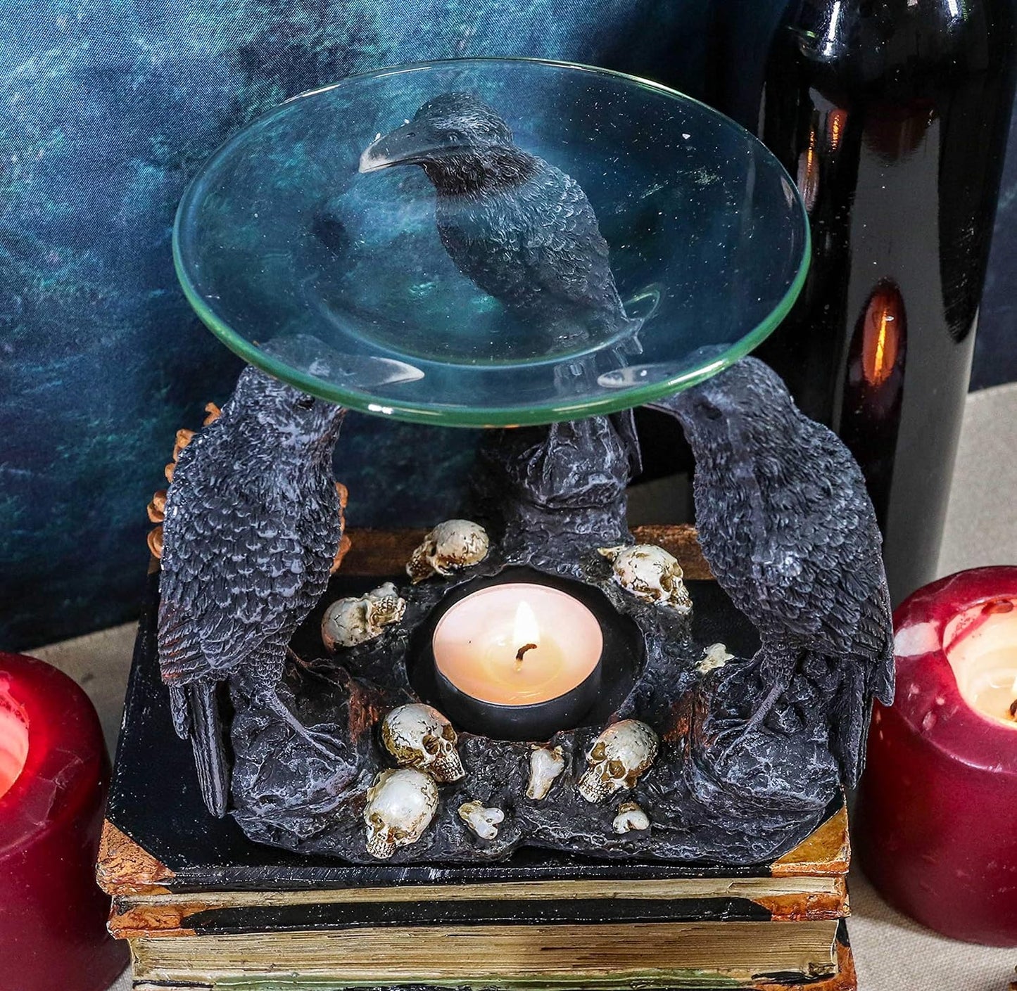 Ebros Macabre Nevermore Skull Graveyard with Three Ravens Oil Warmer Statue Wax Tart Burner Aroma Scent Diffuser Resin Three Eyed Raven Gothic Themed Tea Light Candle Holder Decorative Figurine