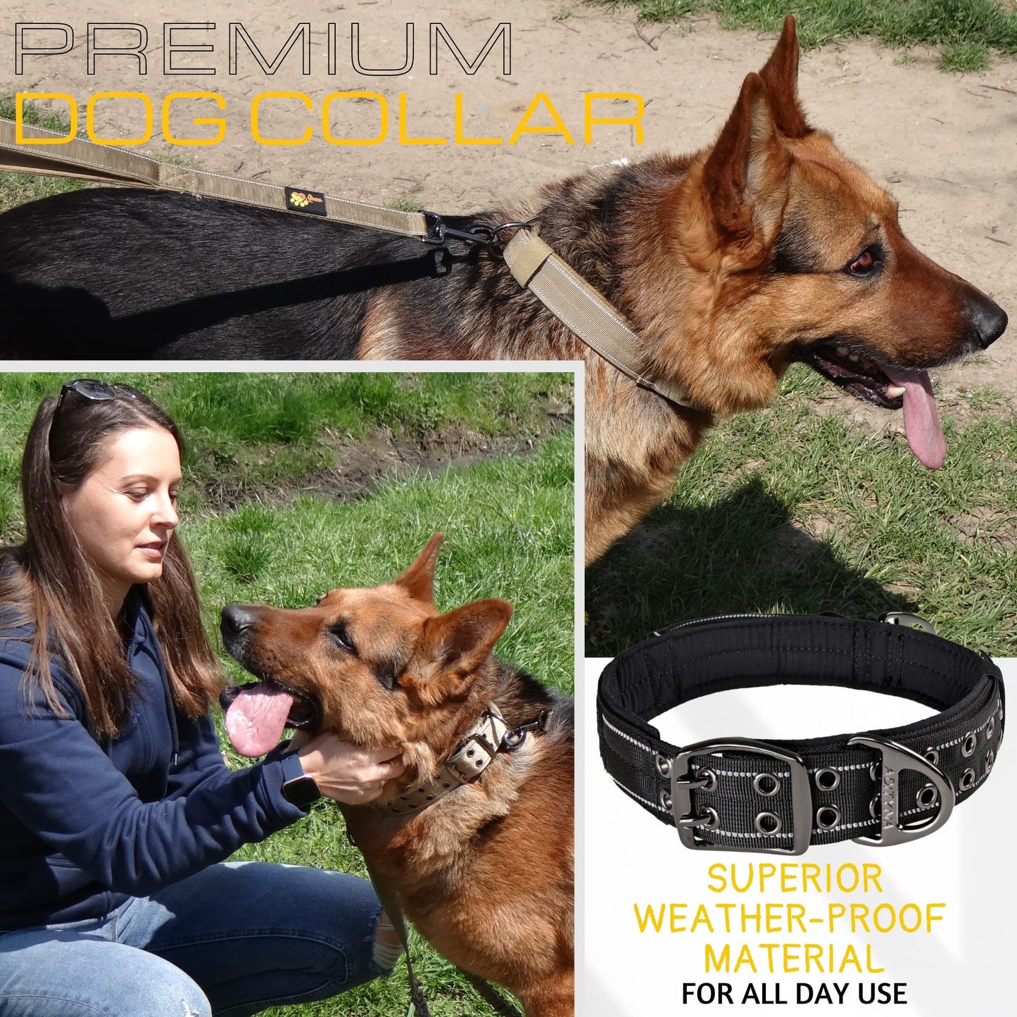 ADITYNA - Heavy Duty Dog Collar with Handle - Thick Dog Collar for Large Dogs - Wide, Reflective, Tactical, Soft Neoprene Padded - Perfect Dog Collar for Training and Walking