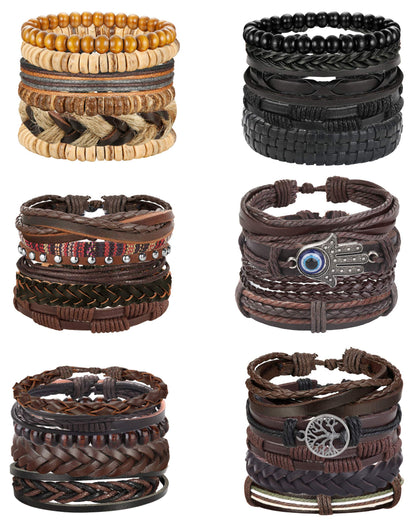Florideco 30PCS Braided Leather Bracelets for Men Women Wrap Wood Beads Bracelet Woven Ethnic Tribal Rope Wristbands Bracelets Set Adjustable