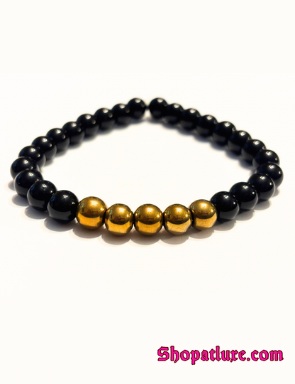 Black Onyx and Gold Hematite Bracelet – Beaded Gemstone Protection Jewelry, Unisex Wrist Accessory, Spiritual Healing Gift