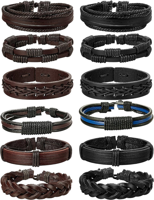 Jstyle 12Pcs Braided Leather Bracelet for Men Women Cuff Wrap Bracelet Adjustable Black and Brown (A:12Pcs)