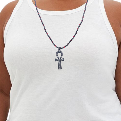 Egyptian Ankh Genuine Hematite Beaded Necklace