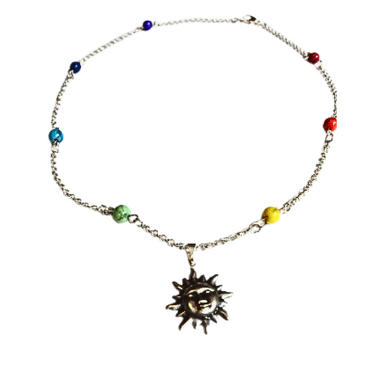 Aztec Sun Rainbow Beaded Silver Necklace