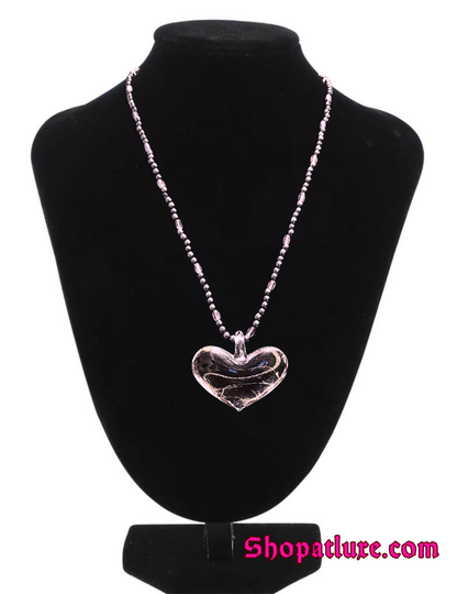Genuine Hand Blown Glass Heart Necklace | Handmade  Beaded Jewelry with Hematite And Amethyst Accents | Adjustable Fit | Meaningful Gift