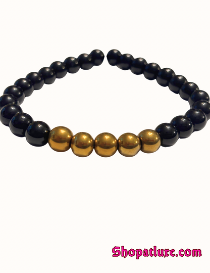 Black Onyx and Gold Hematite Bracelet – Beaded Gemstone Protection Jewelry, Unisex Wrist Accessory, Spiritual Healing Gift