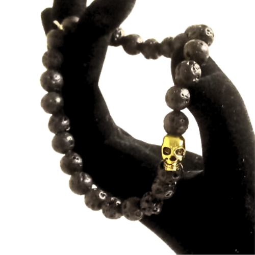 Black Lava Rocks Gold Skull Bracelet