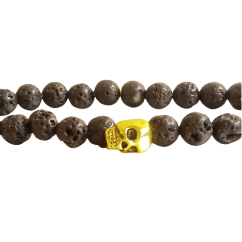 Black Lava Rocks Gold Skull Bracelet