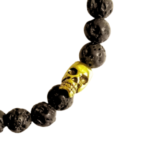 Black Lava Rocks Gold Skull Bracelet