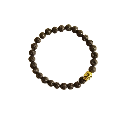 Black Lava Rocks Gold Skull Bracelet