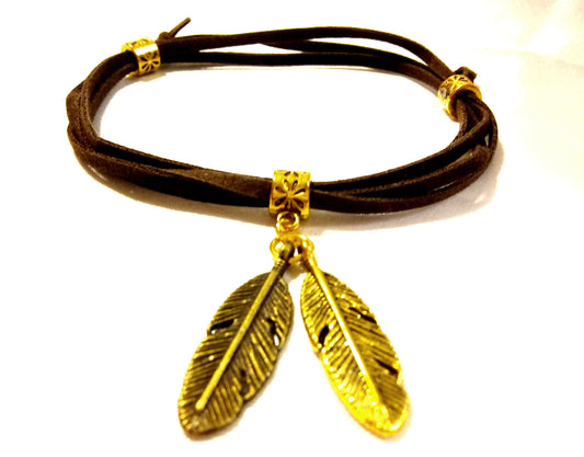 Boho Leather Wrap Bracelet With Feathers