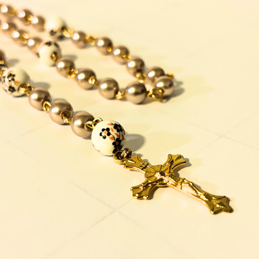 Champagne Glass And Porcelain Beaded Holy Rosary