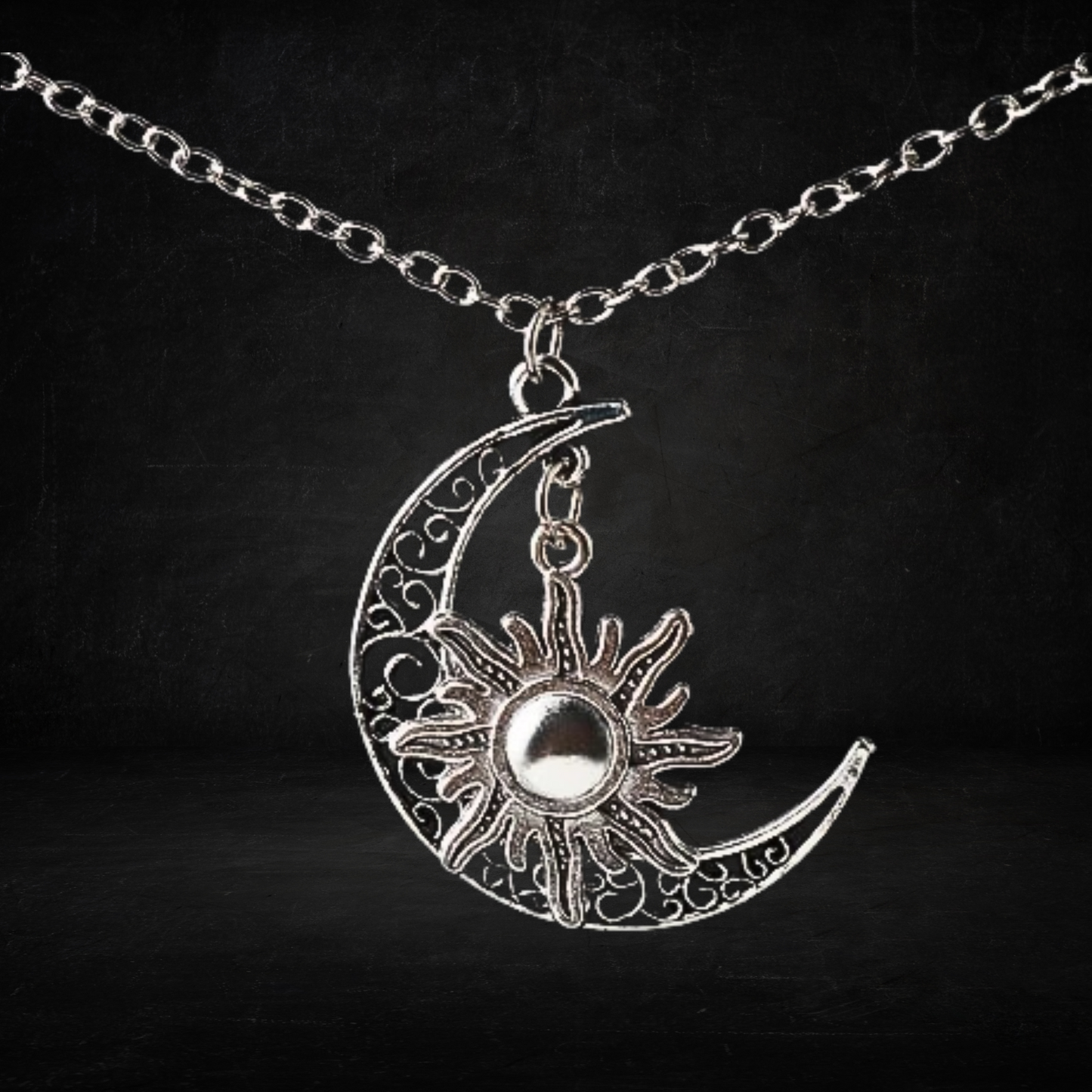 Antique Silver Crescent Moon And Sun Necklace