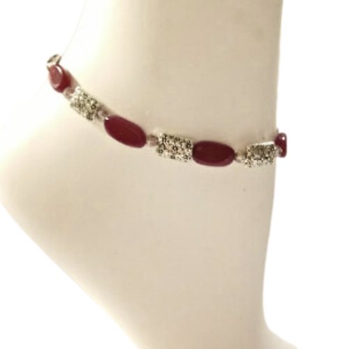 Engraved Silver And Jade Beaded Anklet