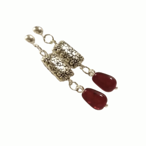 Silver And Ruby Jade Earrings