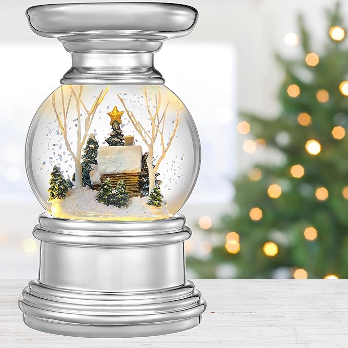 Haute Decor Snowburst 7 Inch Tall Log Cabin Christmas Snow Globe with Candle Holder and Built-in Timer, Warm White LED’s and Pulsing Snow Swirls for Pillar Candles