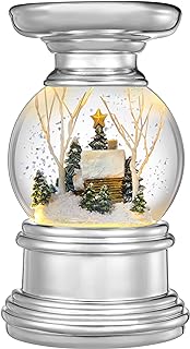 Haute Decor Snowburst 7 Inch Tall Log Cabin Christmas Snow Globe with Candle Holder and Built-in Timer, Warm White LED’s and Pulsing Snow Swirls for Pillar Candles