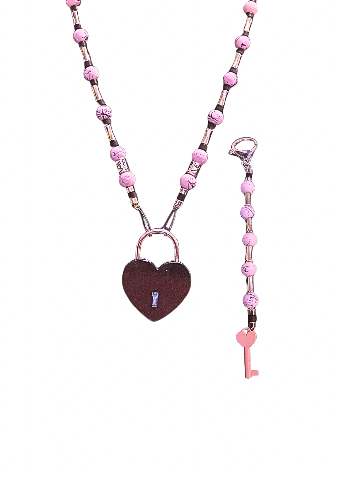 Pink Meets Black Lock And Key Necklace Set