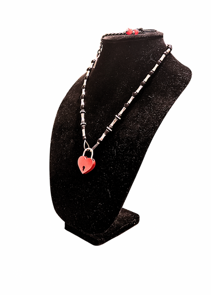 Red Heart Lock And Key Necklace Pair