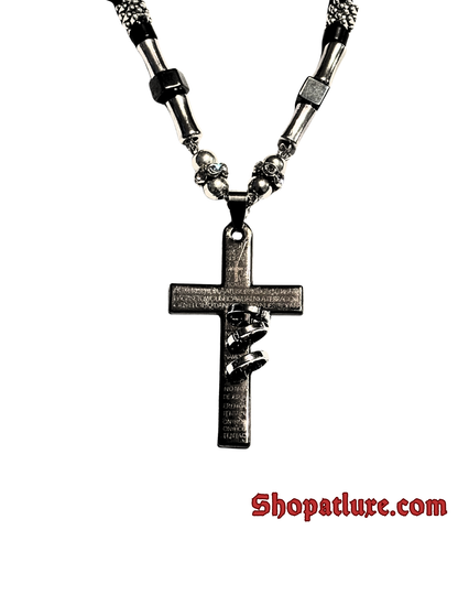 Genuine Hematite And Onyx Cross Necklace, Beaded Crucifix, Religious Jewelry