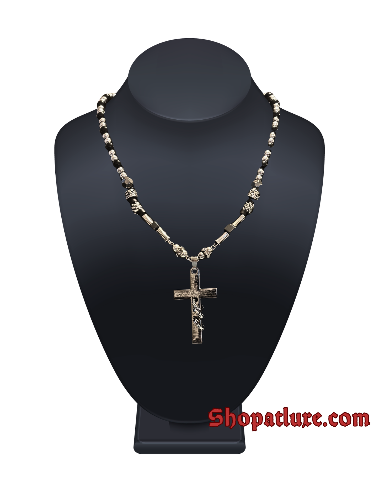 Genuine Hematite And Onyx Cross Necklace, Beaded Crucifix, Religious Jewelry