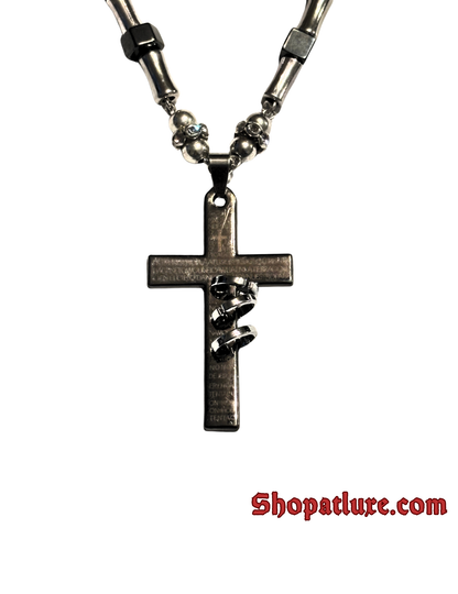 Genuine Hematite And Onyx Cross Necklace, Beaded Crucifix, Religious Jewelry