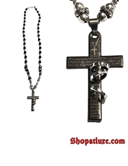 Genuine Hematite And Onyx Cross Necklace, Beaded Crucifix, Religious Jewelry