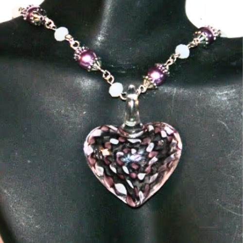 Opal Beaded Glass Heart Necklace