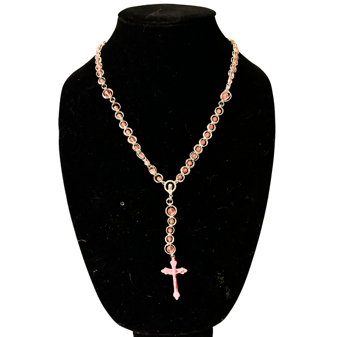 Pink Frosted Glass Beaded Chainmail Rosary