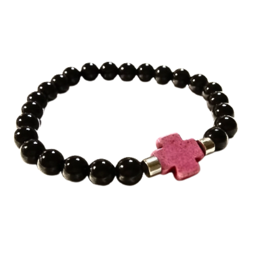 Pink Howlite Cross Black Onyx Bracelet