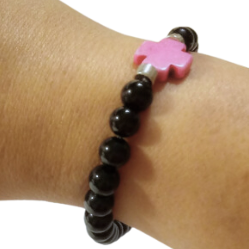 Pink Howlite Cross Black Onyx Bracelet