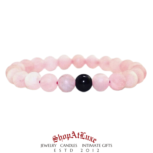 Pink Rose Quartz And Black Lava Beaded Gemstone Bracelet