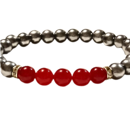 Red Jade And Silver Rounds Bracelet