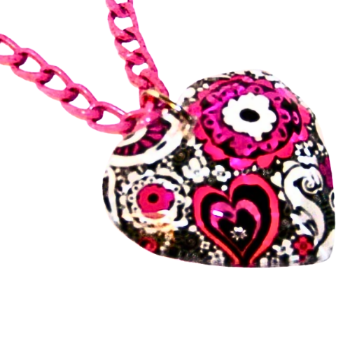 Retro Glass Paisley Heart Pink Necklace