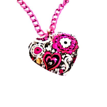 Retro Glass Paisley Heart Pink Necklace