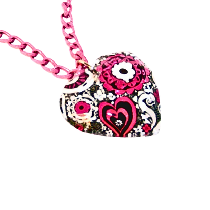 Retro Glass Paisley Heart Pink Necklace