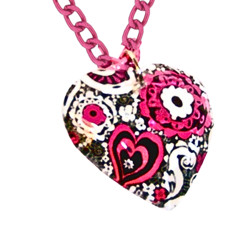 Retro Glass Paisley Heart Pink Necklace