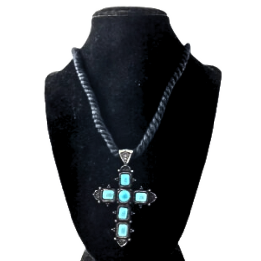 Twisted Textile Turquoise Embellished Cross Necklace