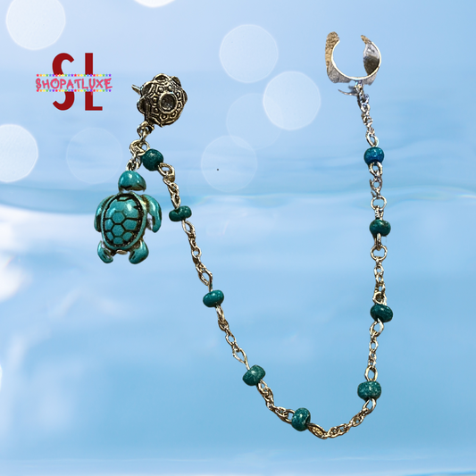 Turquoise Beaded Ear Cuff And Chain With Turtle Charm