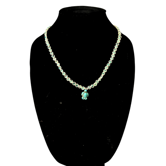 SEA GLASS BEADED NECKLACE WITH TURQUOISE TURTLE