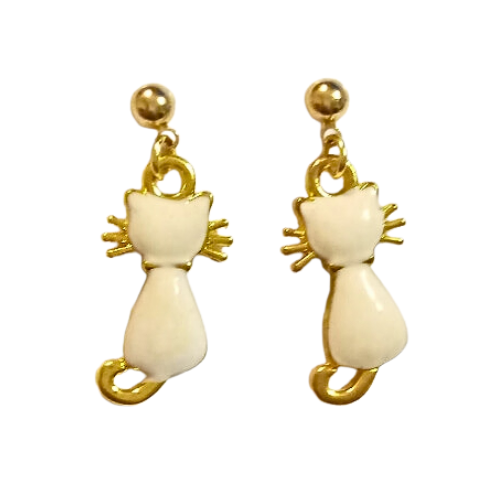 White And Gold Cat Earrings