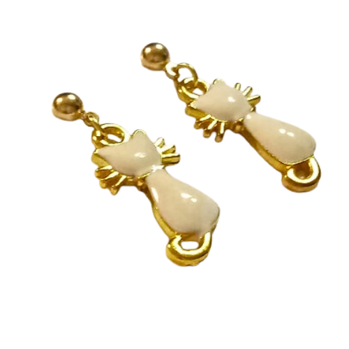 White And Gold Cat Earrings