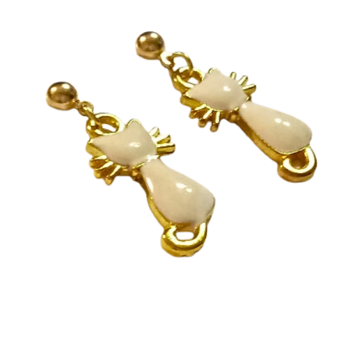 White And Gold Cat Earrings