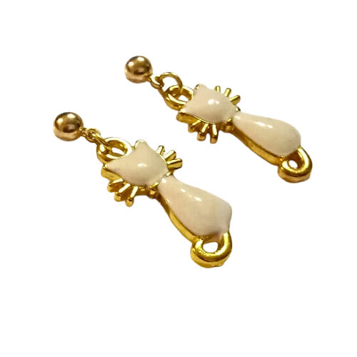 White And Gold Cat Earrings