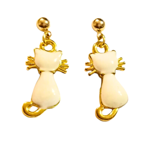 White And Gold Cat Earrings