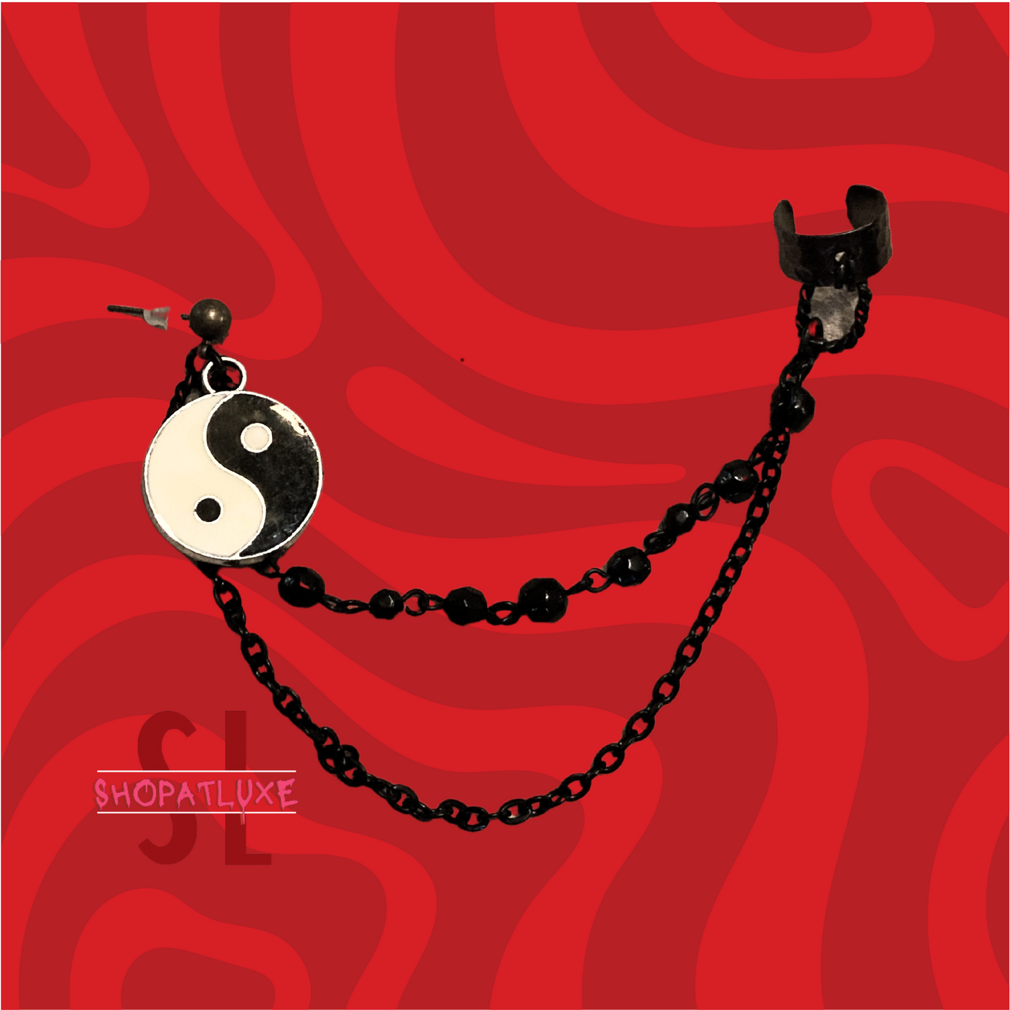 Yin Yang Helix Barbell And Ear Cuff With Beaded Chains