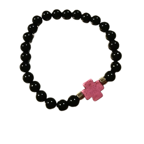 Pink Howlite Cross Black Onyx Bracelet