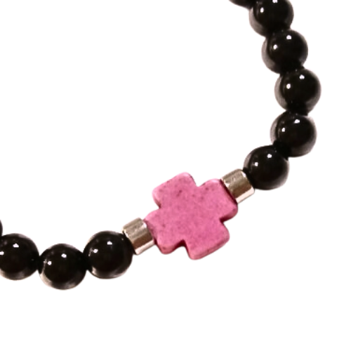 Pink Howlite Cross Black Onyx Bracelet