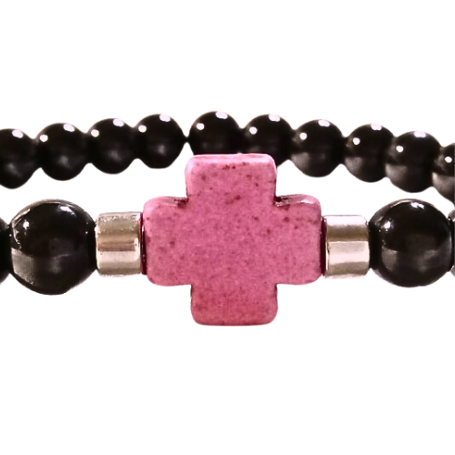 Pink Howlite Cross Black Onyx Bracelet